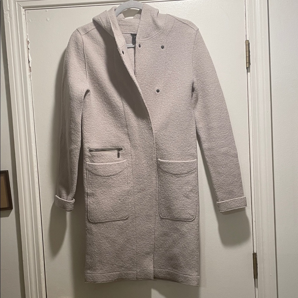 Nau Chrysalis Taupe Boiled Wool Detail Hood Slenderizing Snap Front Trench Coat